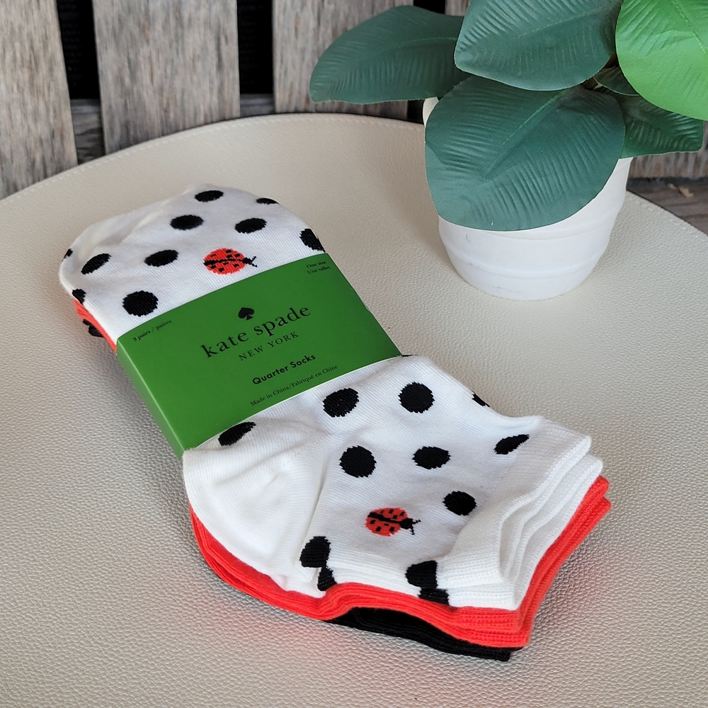 Kate Spade Ladybug White Crew Socks, Solid Red & Black 3 pair - Picture 6 of 10